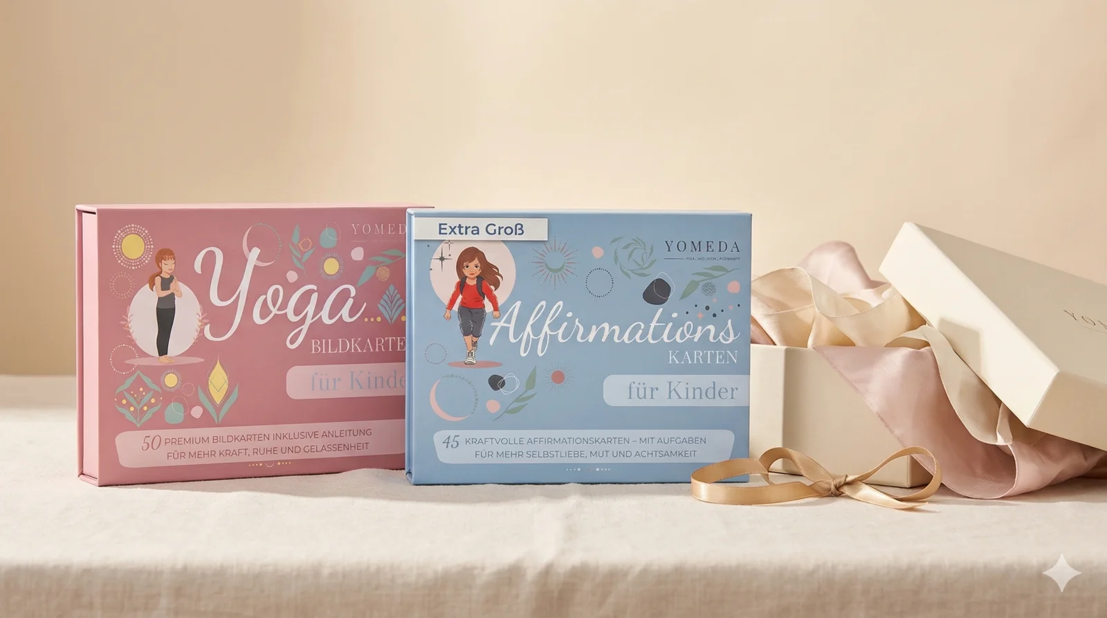 Beide Yomeda Kartensets mit Geschenkband als Geschenkidee für Kinder