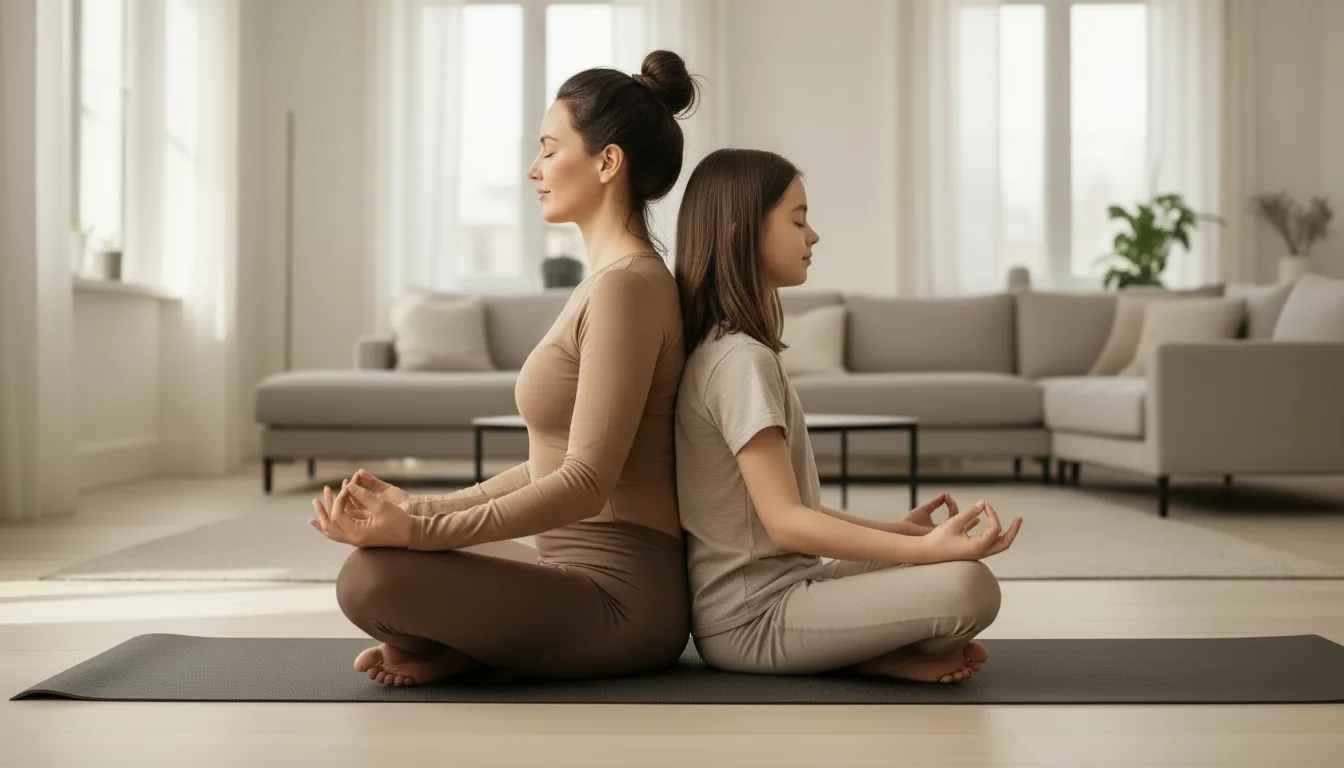 Mutter und Tochter beim Kinderyoga zu Hause - Yomeda Yoga Bildkarten für Kinder 6-14 Jahre, Achtsamkeit und Entspannung für die Familie