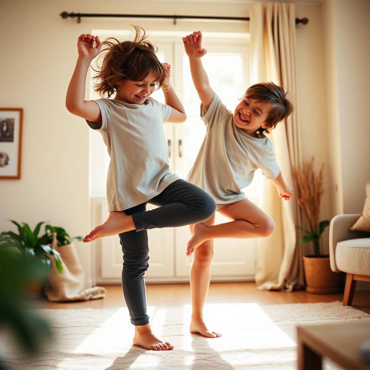 Kinder lachen gemeinsam beim Kinderyoga zu Hause