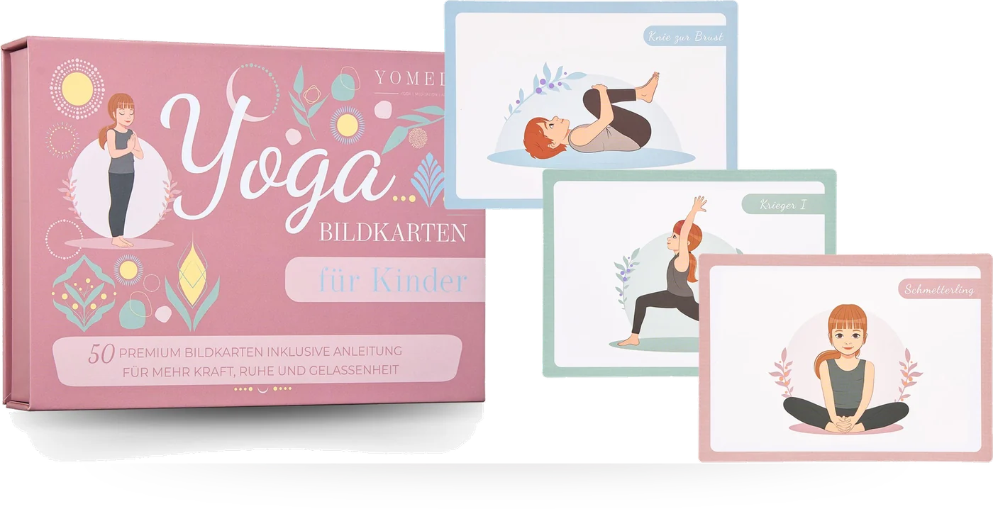 Yomeda Kinderyoga Bildkarten Box mit drei aufgefächerten Beispielkarten